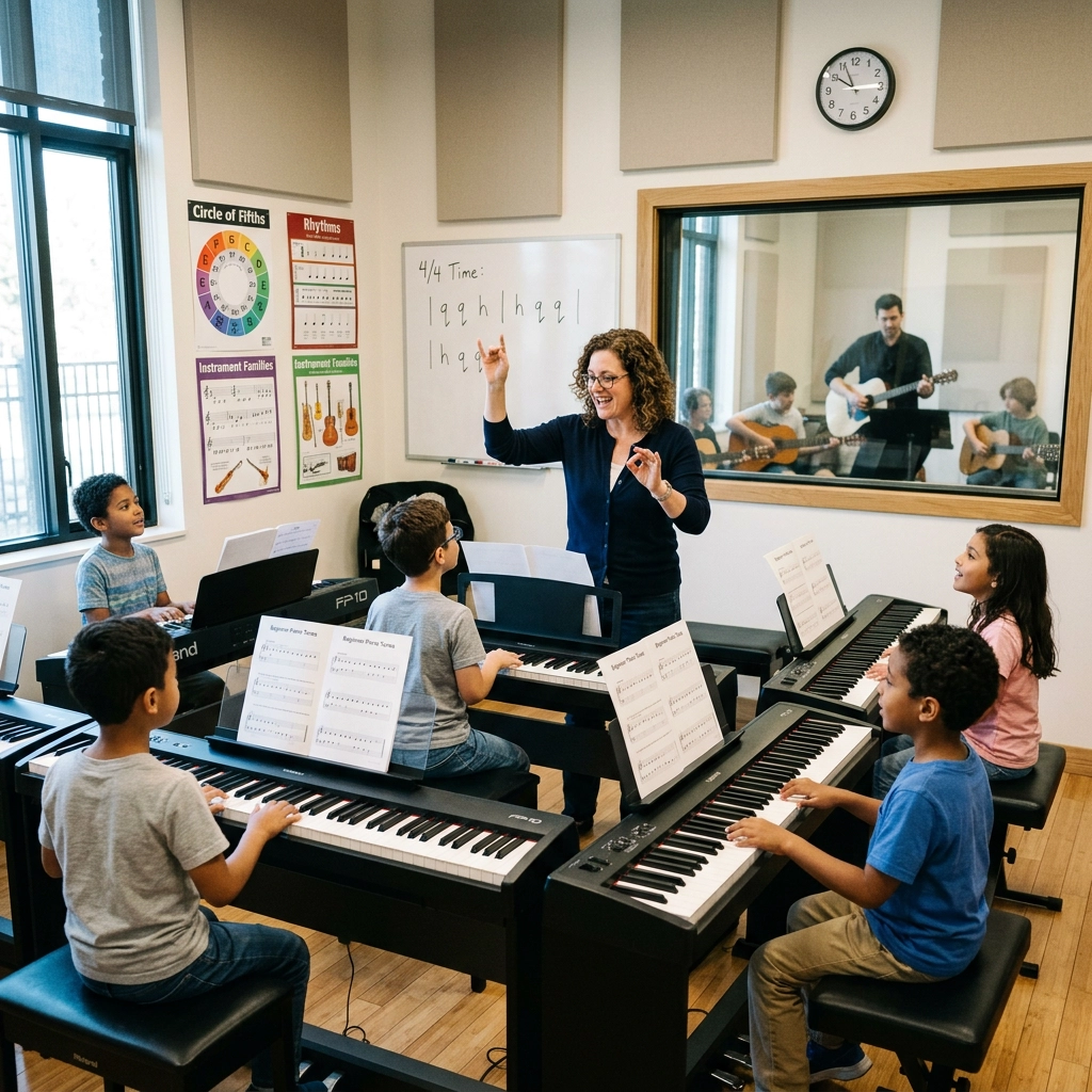Music teacher leading a beginner group piano class while a group guitar lesson takes place in a neighboring classroom at Ontario Conservatory of Music.