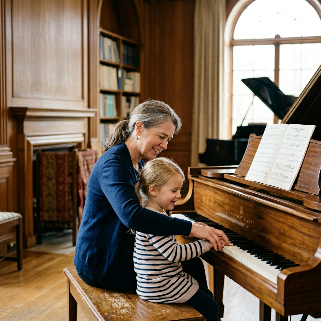 Piano teacher helping a young child learn piano during a private lesson at the Ontario Conservatory of Music.