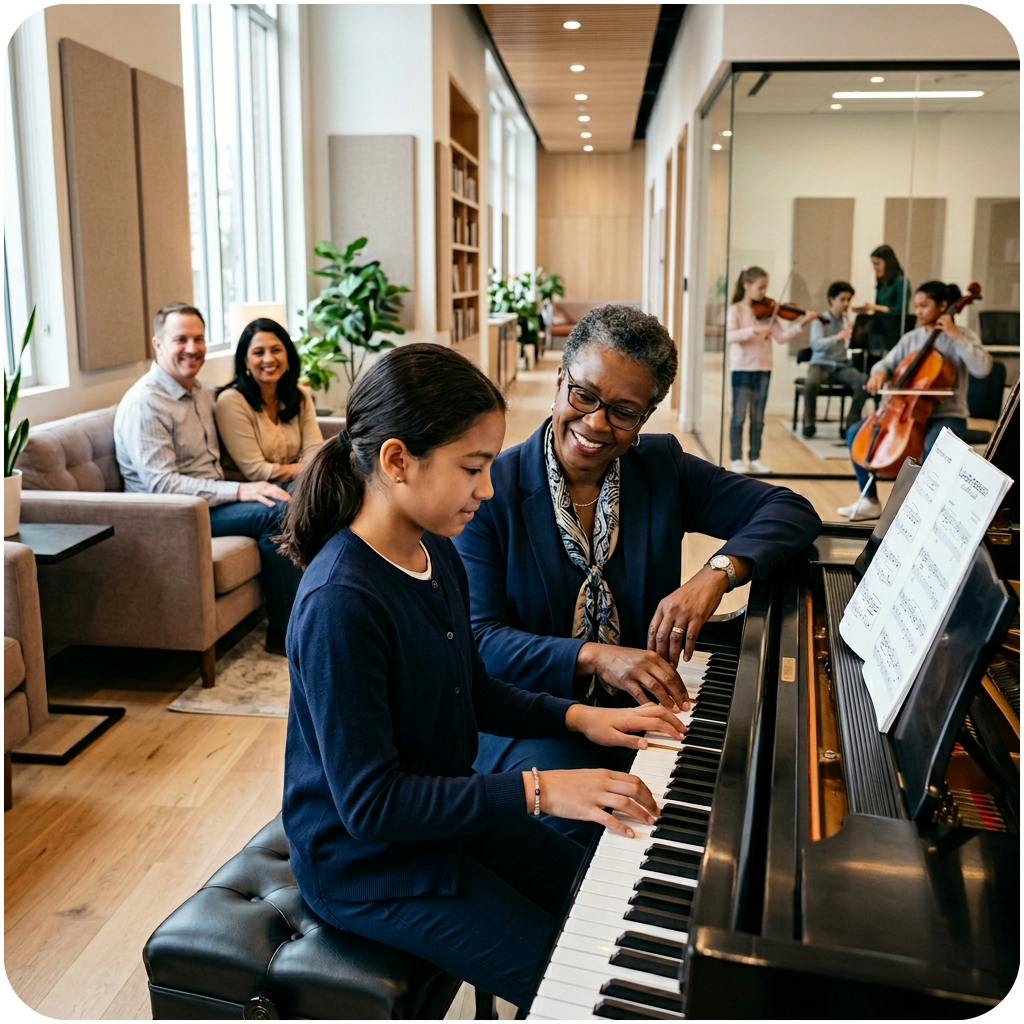 Professional piano instructor teaching a young student during a piano lesson at a modern music school while parents observe from a nearby seating area.