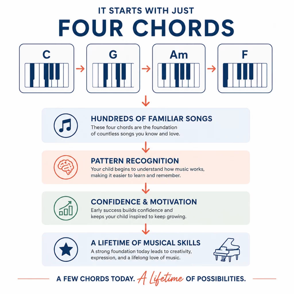Infographic showing how learning four foundational chords leads to pattern recognition, confidence, and lifelong musical skills.