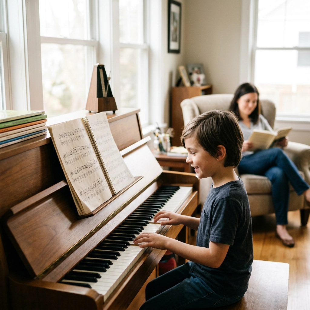 Child happily practicing piano at home while a parent offers quiet encouragement from a nearby chair.