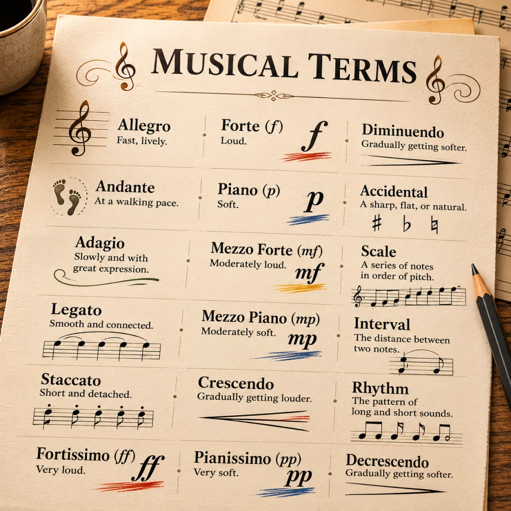 Illustrated music glossary featuring common musical terms, dynamics, symbols and notation on a parchment-style reference sheet.