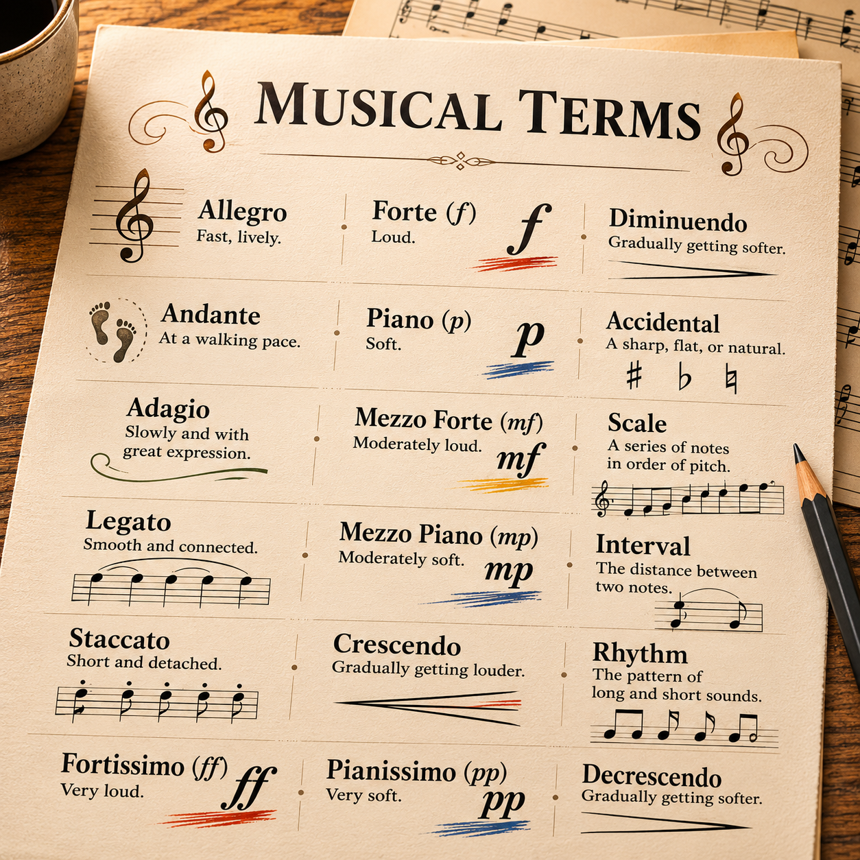Illustrated music glossary featuring common musical terms, dynamics, symbols and notation on a parchment-style reference sheet.