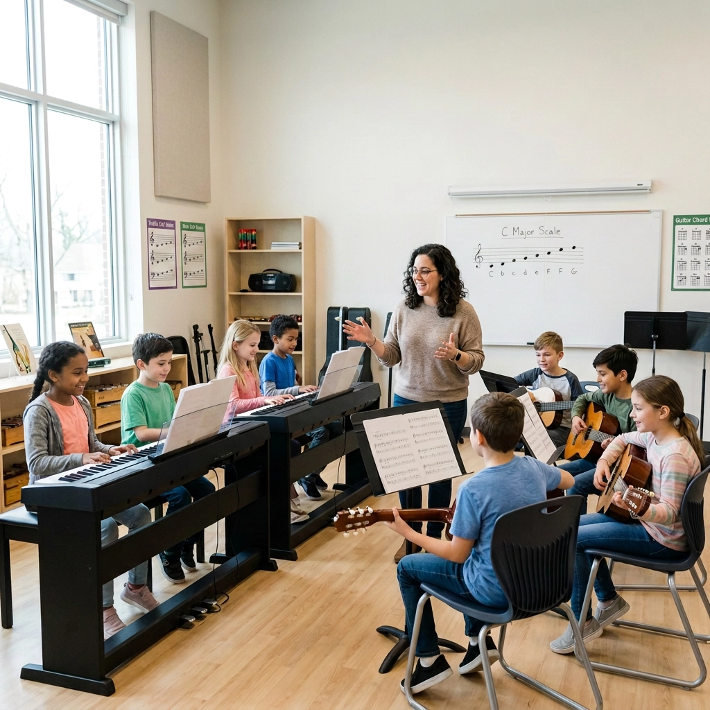 Instructor leading a beginner group music class with children learning piano and guitar together at Ontario Conservatory of Music.