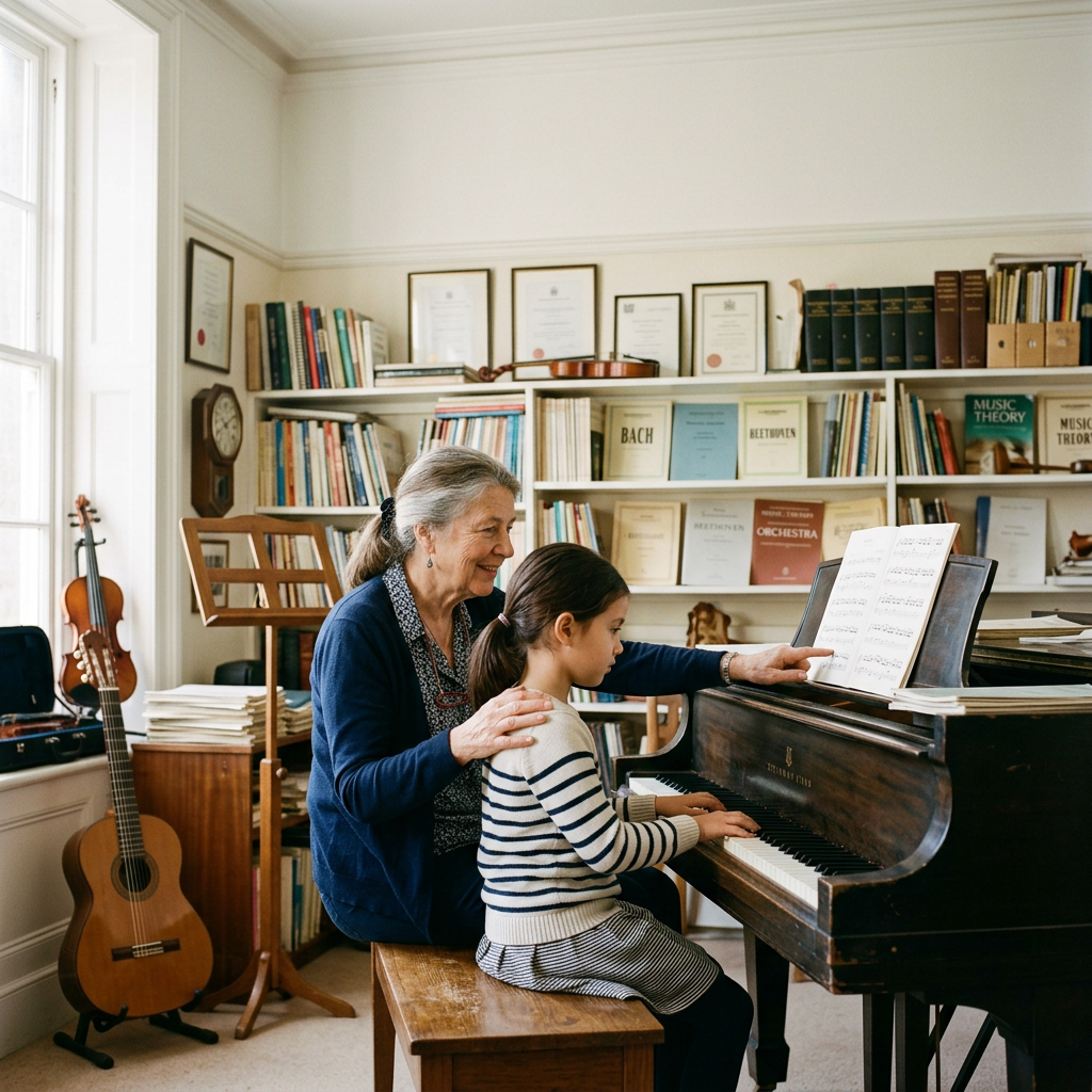 Experienced music teacher guiding a young piano student during a structured music lesson at Ontario Conservatory of Music