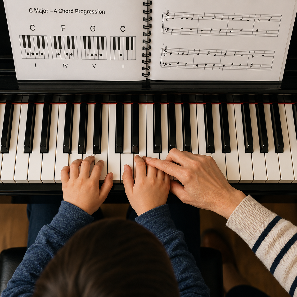 Overhead view of a music teacher guiding a child's hands on a piano keyboard while learning beginner chord progressions.