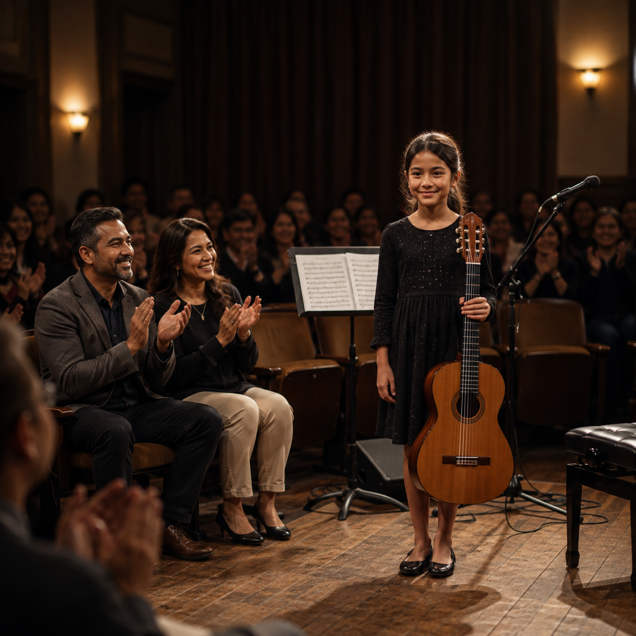 Young guitar student receiving applause after a successful recital performance while proud parents celebrate the accomplishment