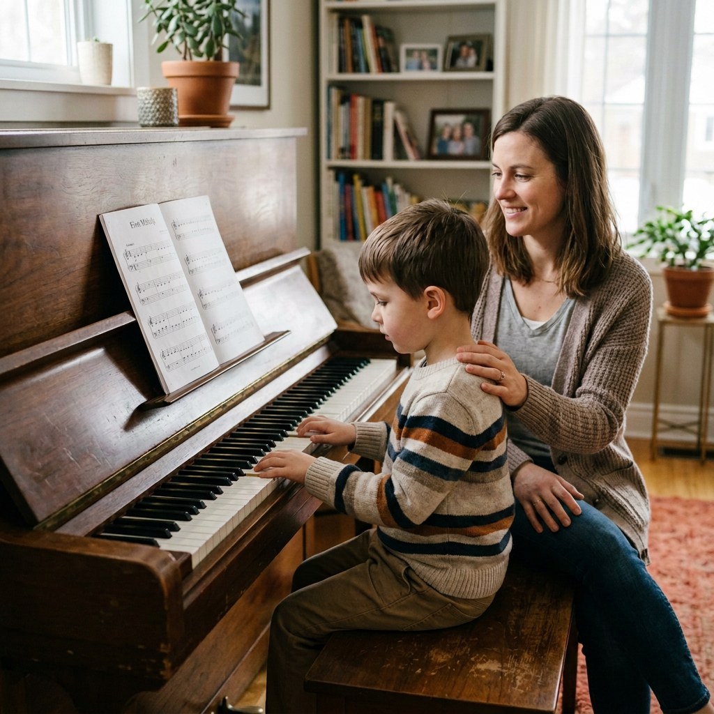 Parent encouraging a beginner during the first year of piano lessons