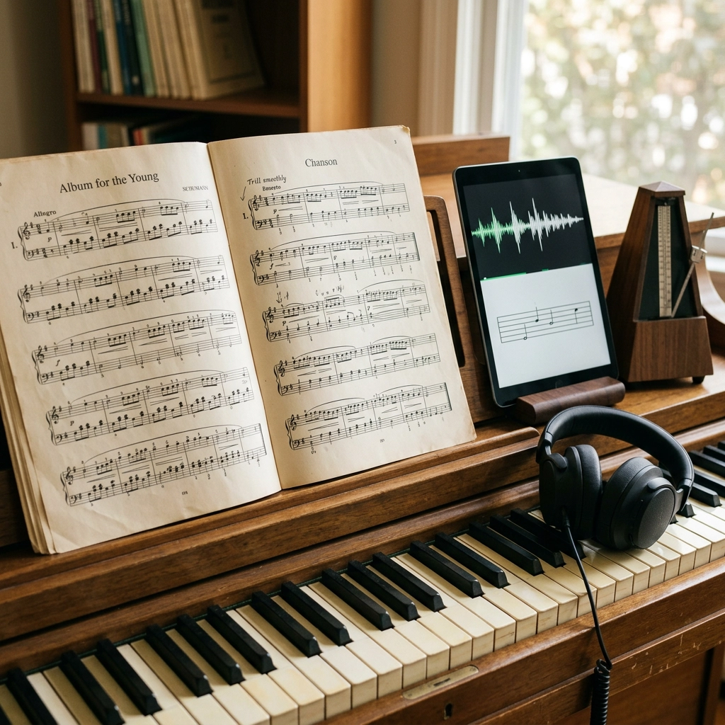 Sheet music, tablet, headphones, and metronome arranged on a piano