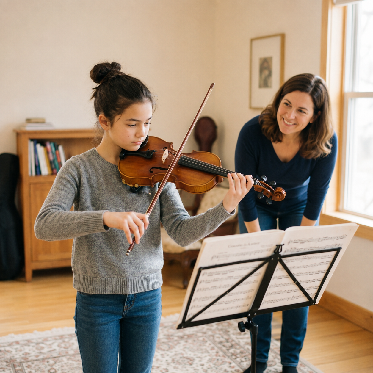 Young violin student practicing while a parent offers quiet encouragement during a challenging music lesson at home