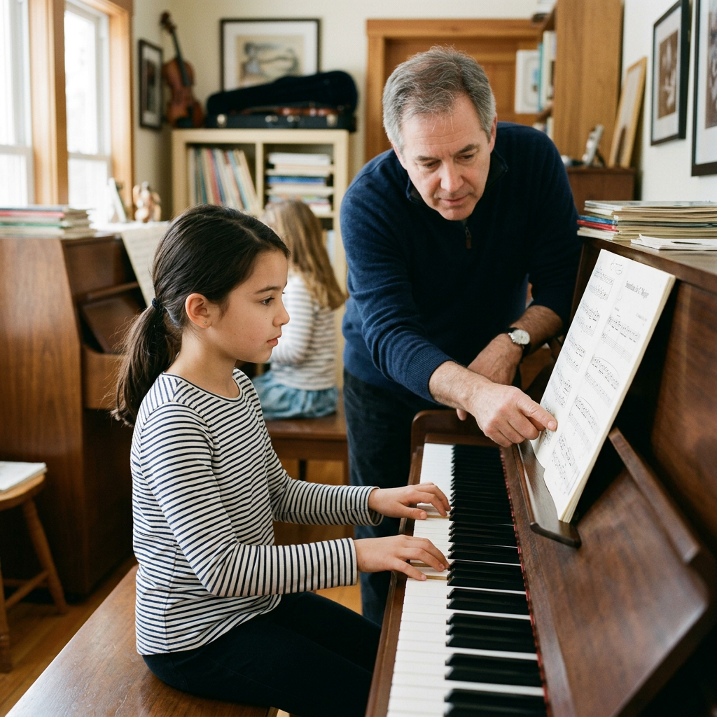 Young piano student playing while her teacher points to a passage in the sheet music.