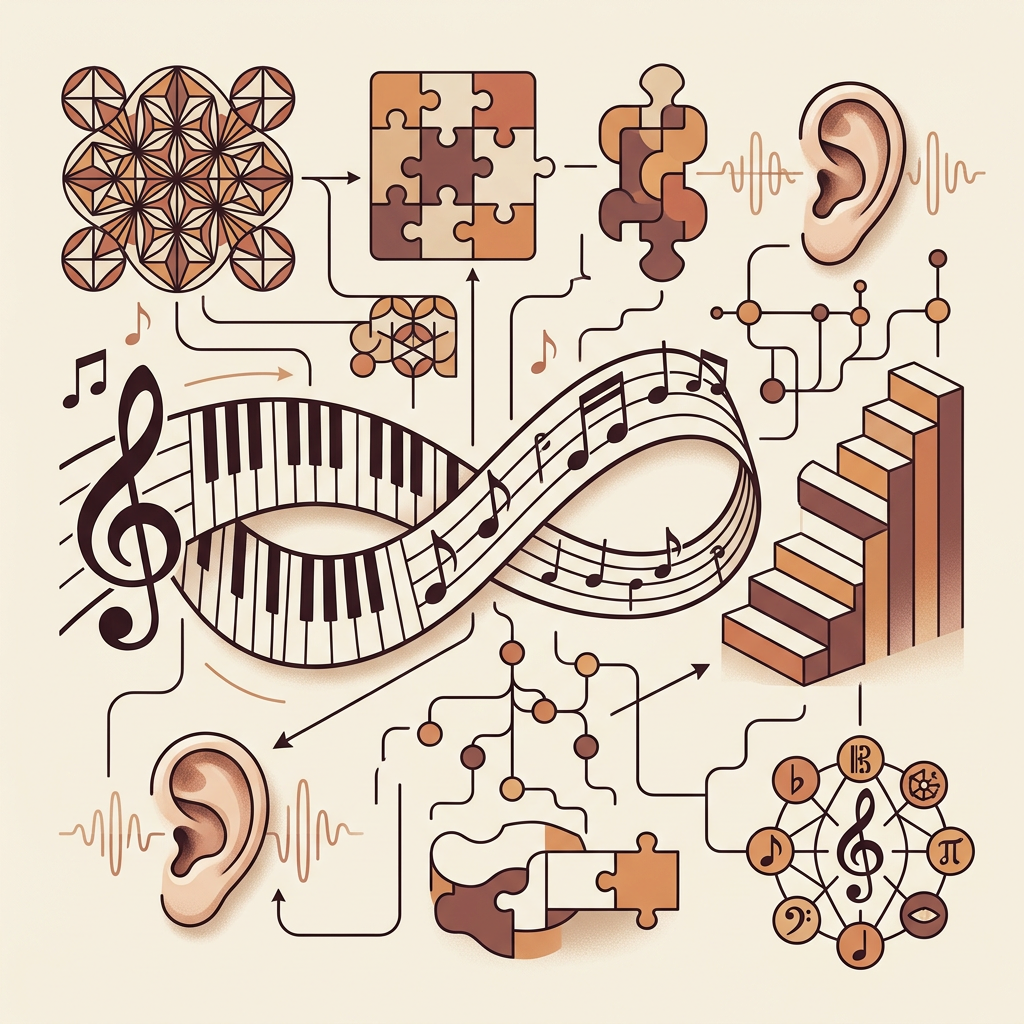 Music education infographic illustrating critical thinking, problem-solving, listening, pattern recognition and long-term learning.