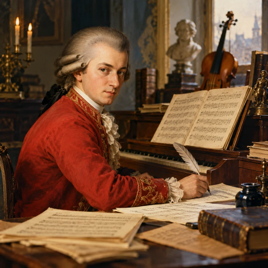 Historical composer writing music at a keyboard surrounded by sheet music and instruments
