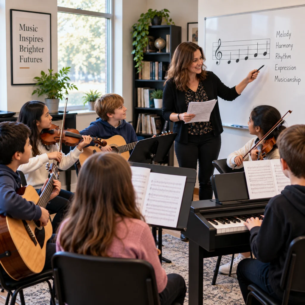 Group music education lesson with students learning violin, guitar and piano with a teacher