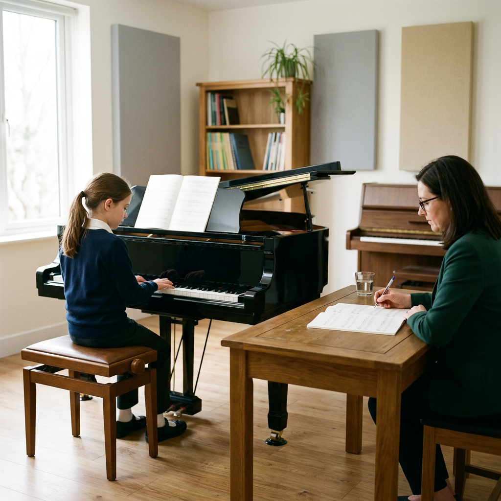 Student playing piano during a practice music examination while a teacher evaluates the performance
