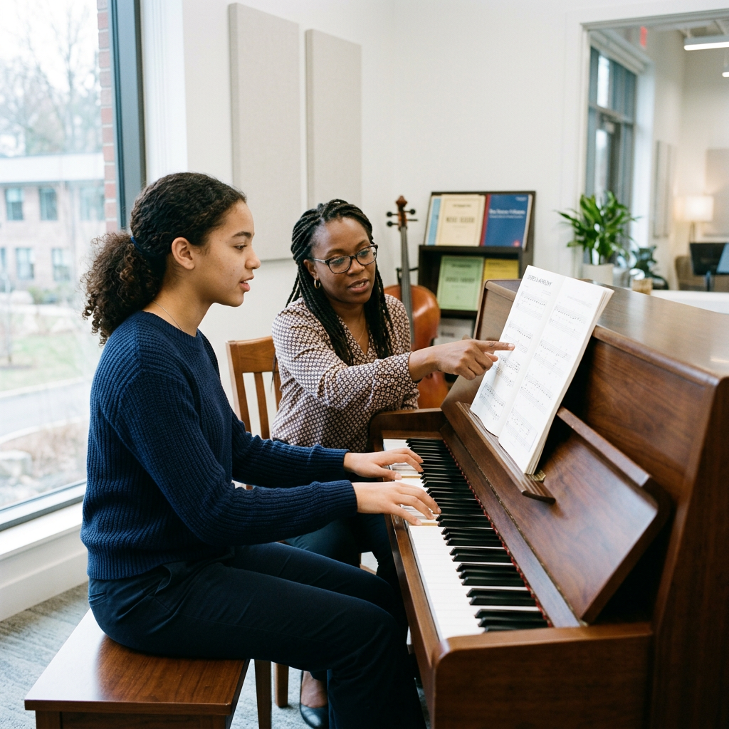 Piano student learning harmony in music with an instructor