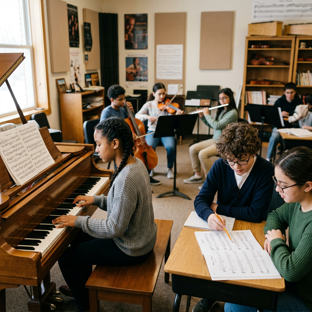 Students participating in a well-rounded music education with piano, theory and ensemble instruction