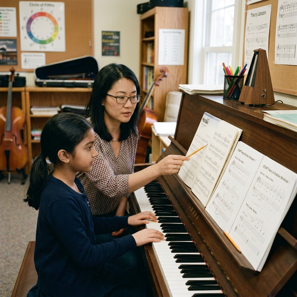 Music teacher guiding a young piano student through sheet music during a structured lesson.