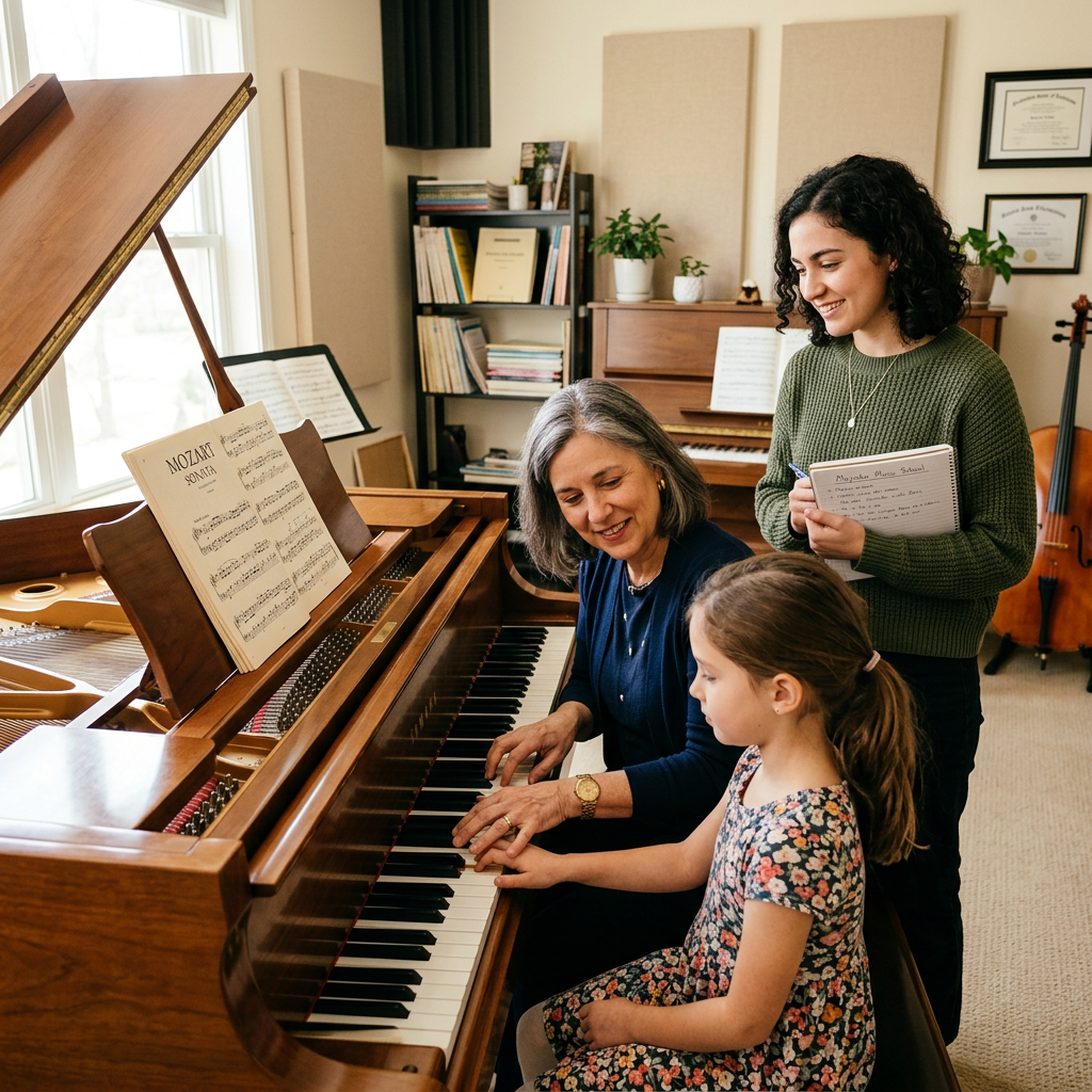 Aspiring music teacher observing an experienced instructor demonstrate piano teaching techniques during a music lesson.