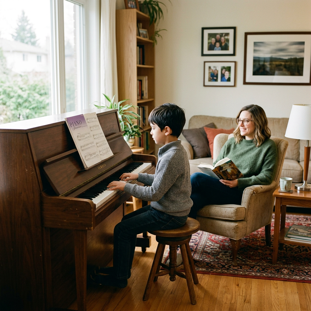 Young child independently practising piano at home while a parent offers quiet encouragement nearby.