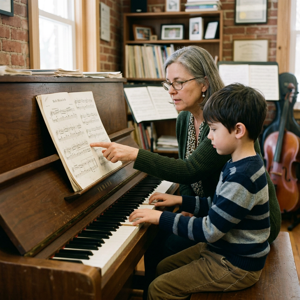 Piano teacher guiding a young student through sheet music during a piano lesson at an upright piano.
