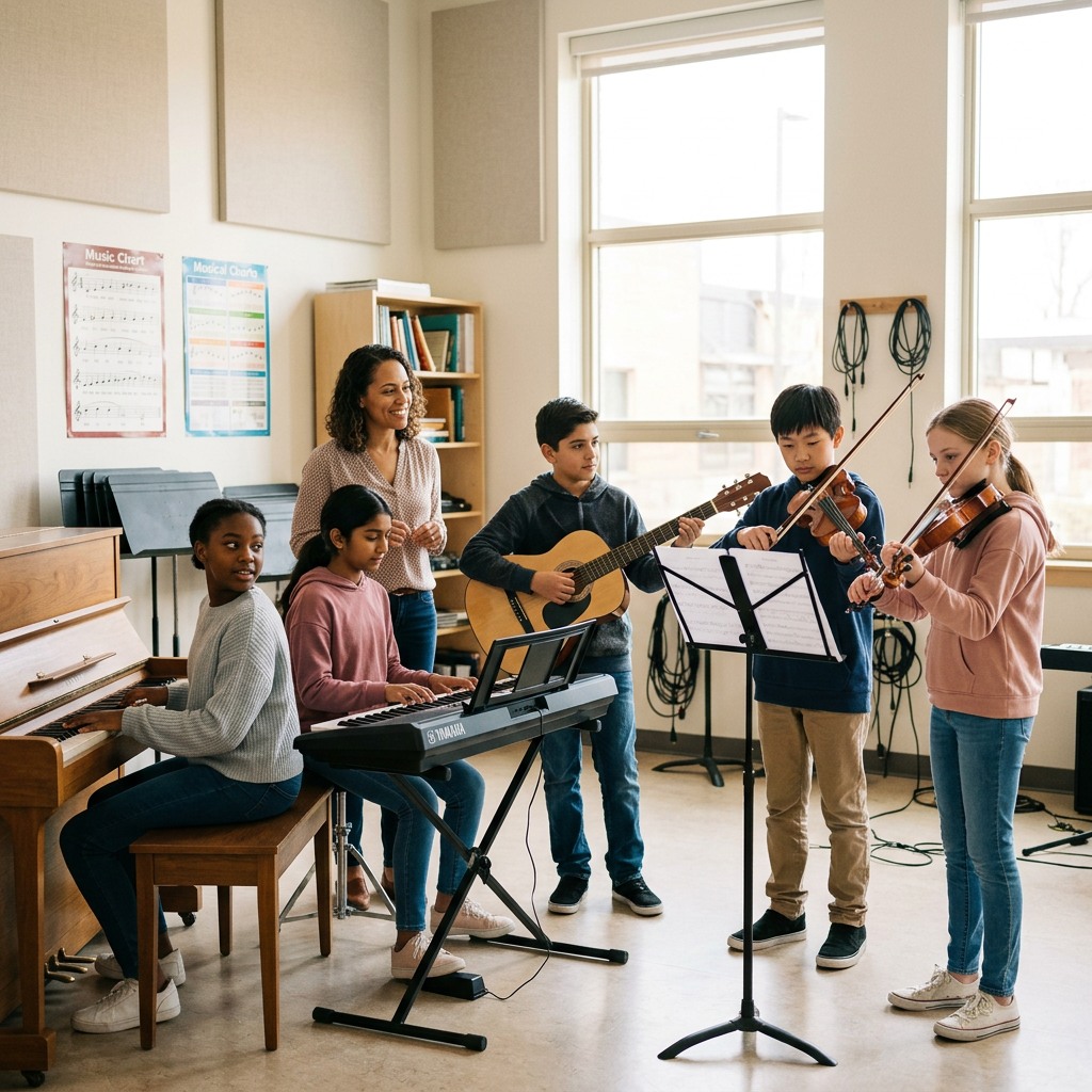 Students playing piano, keyboard, guitar and violin together during a group music lesson with an instructor.